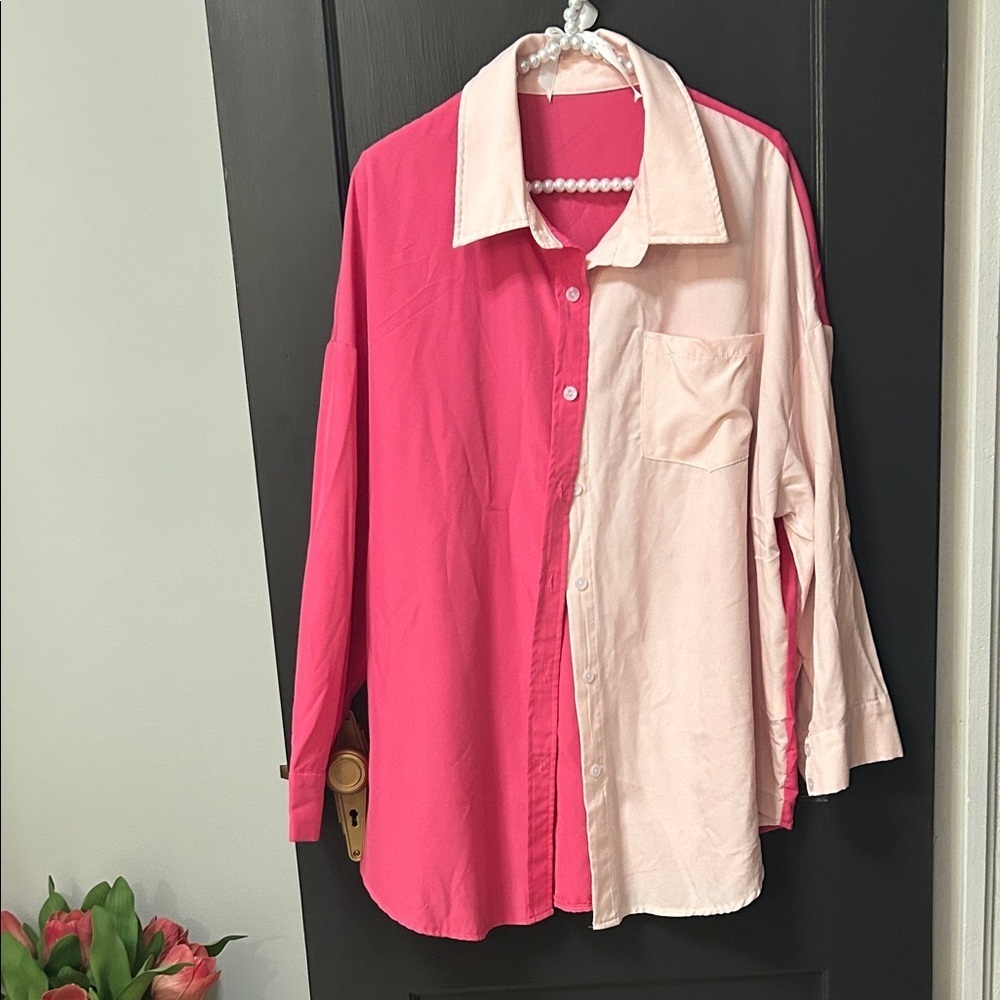 SHEIN Pink and Cream Button Down Shirt